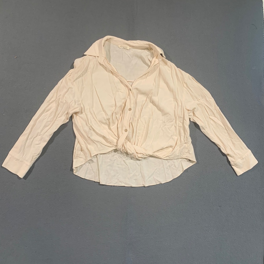Lovestitch Linen Blend Twist Front Button Down Shirt Cream I-15237W-RJX Womens M